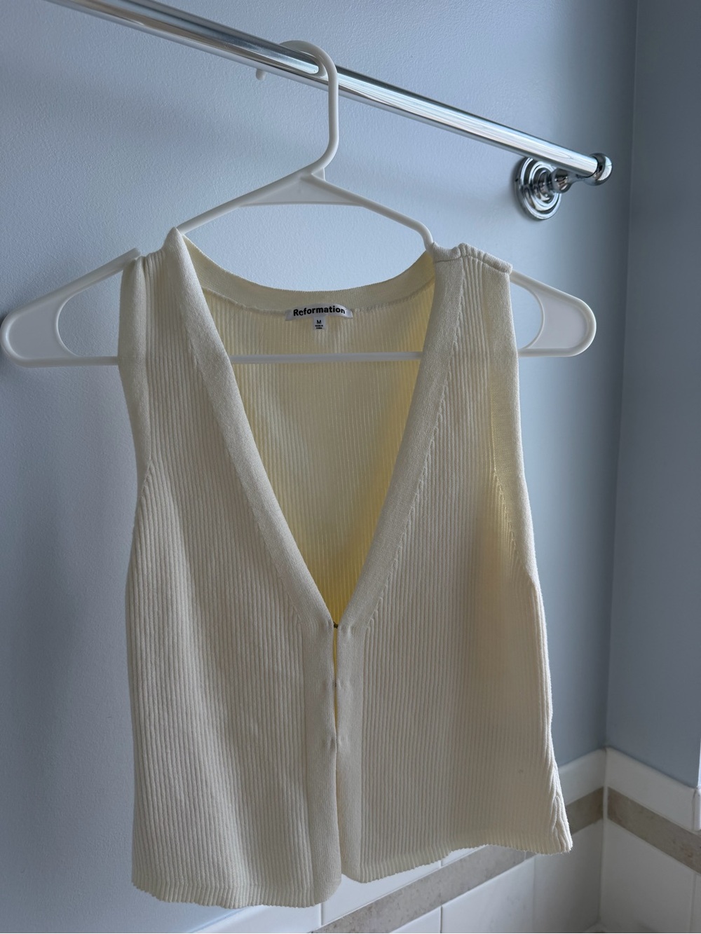 Reformation Cream Ribbed V-Neck Button Tank Top